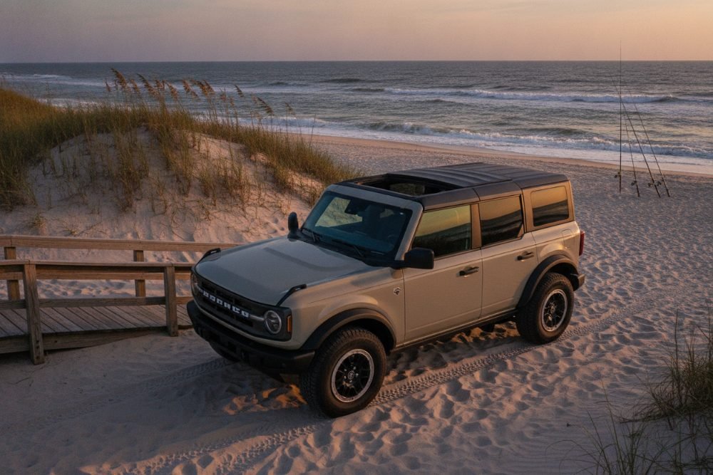 Ford Bronco parked beside a beach access ramp on the Outer Banks